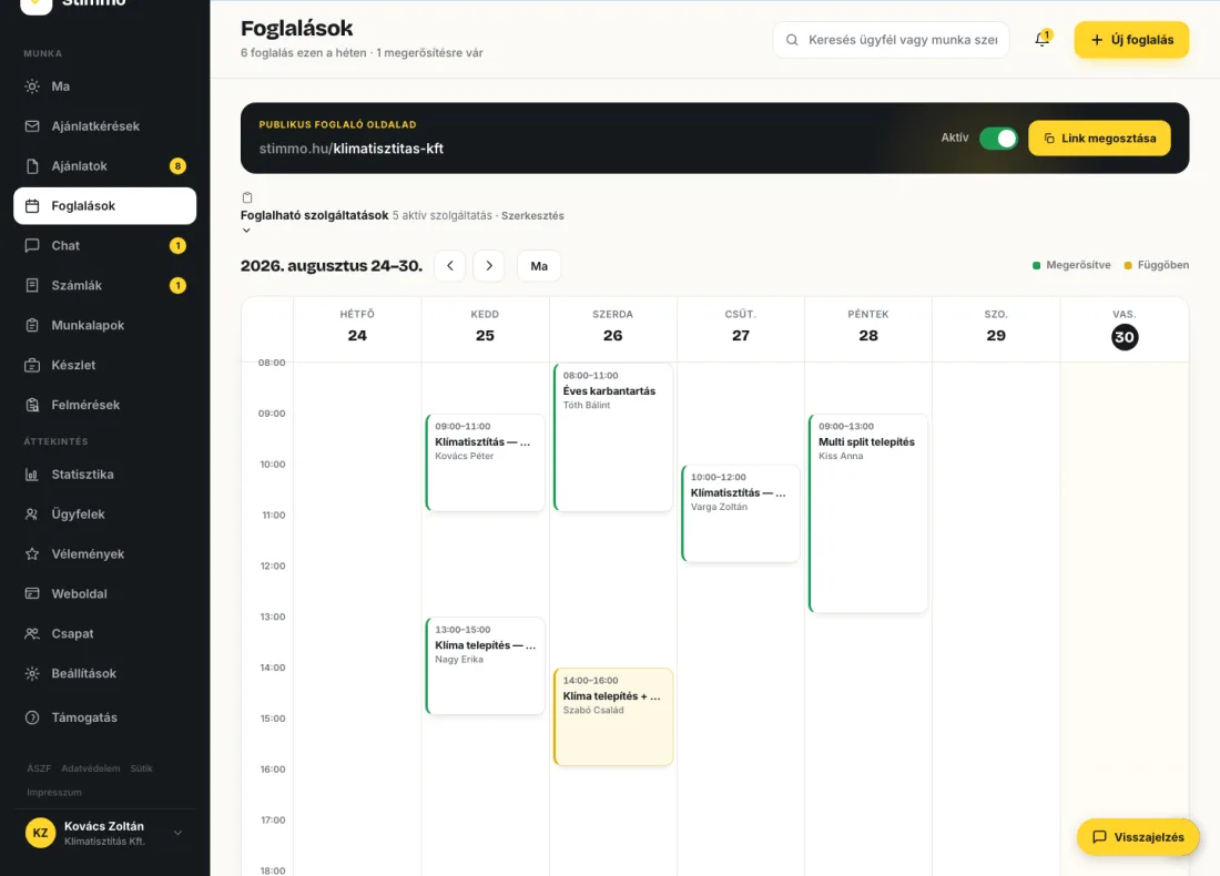 A foglalási naptár heti nézetben